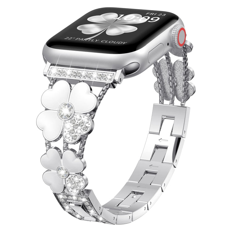 For Apple Watch 3 42mm Petal Metal Diamond Watch Band(Silver+White)