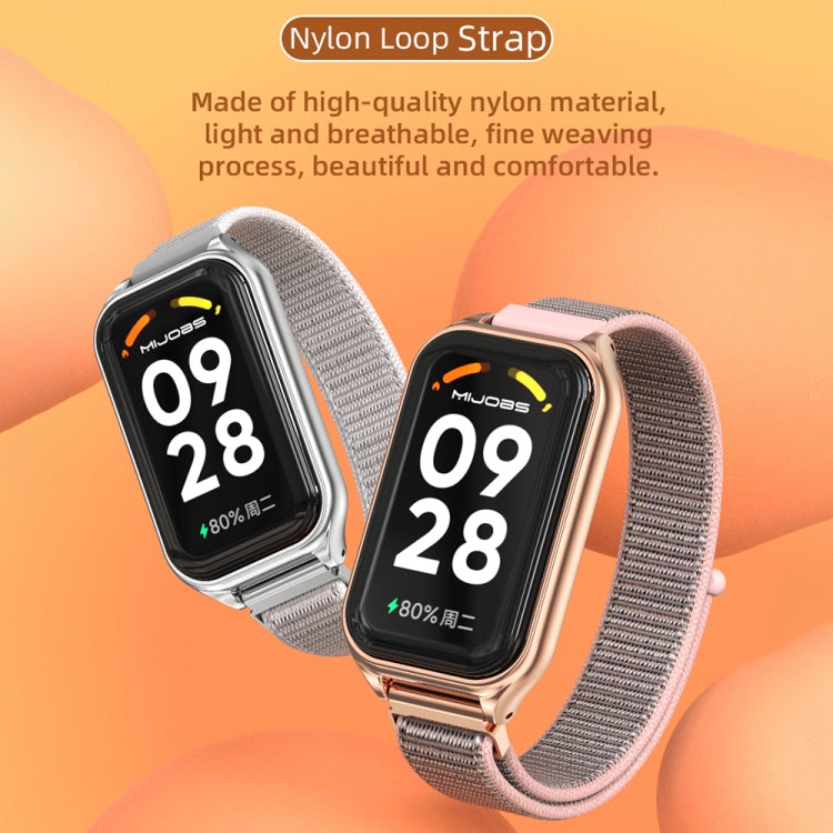 For Xiaomi Smart Band 8 Active / Redmi Band 2 Mijobs Metal Shell Nylon Breathable Watch Band(khaki Green Silver)