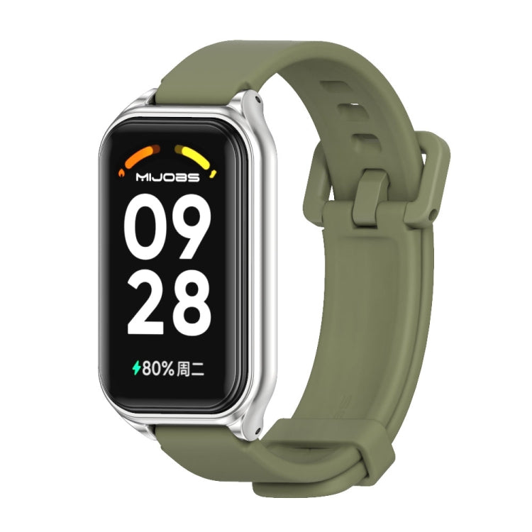 For Xiaomi Smart Band 8 Active / Redmi Band 2 Mijobs Metal Shell Silicone Watch Band(Army Green Silver)