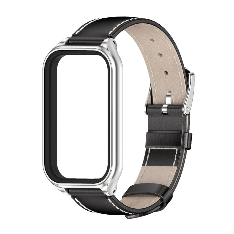 For Xiaomi Smart Band 8 Active / Redmi Band 2 Mijobs Metal Shell Genuine Leather Watch Band(Black Silver)