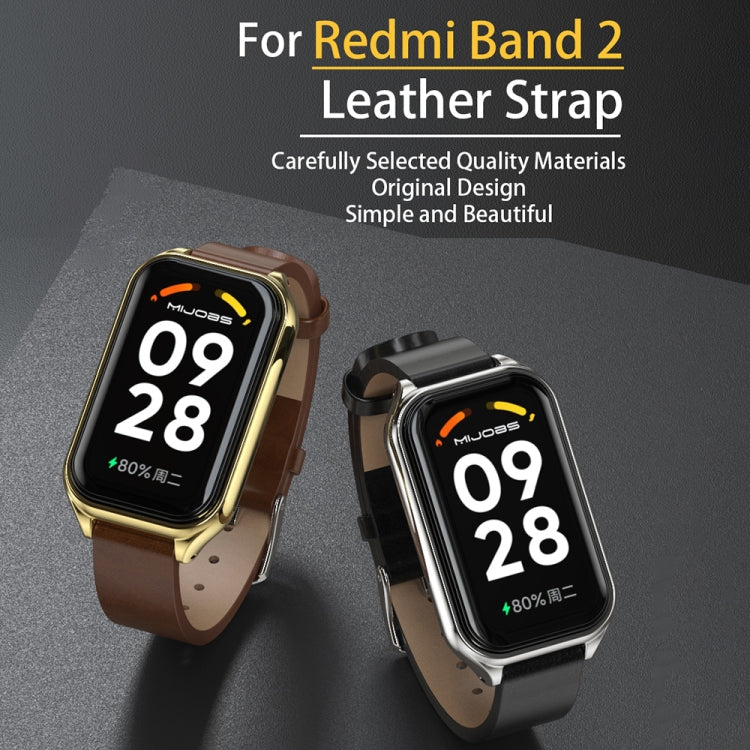 For Xiaomi Smart Band 8 Active / Redmi Band 2 Mijobs Metal Shell Genuine Leather Watch Band(Brown Gold)