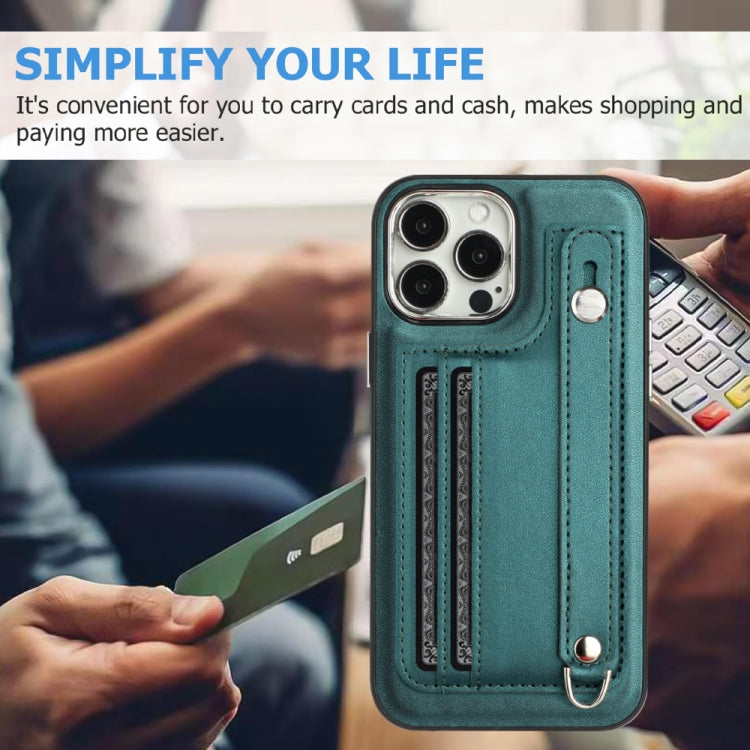 For iPhone 13 Pro Max Shockproof Leather Phone Case with Wrist Strap(Green)