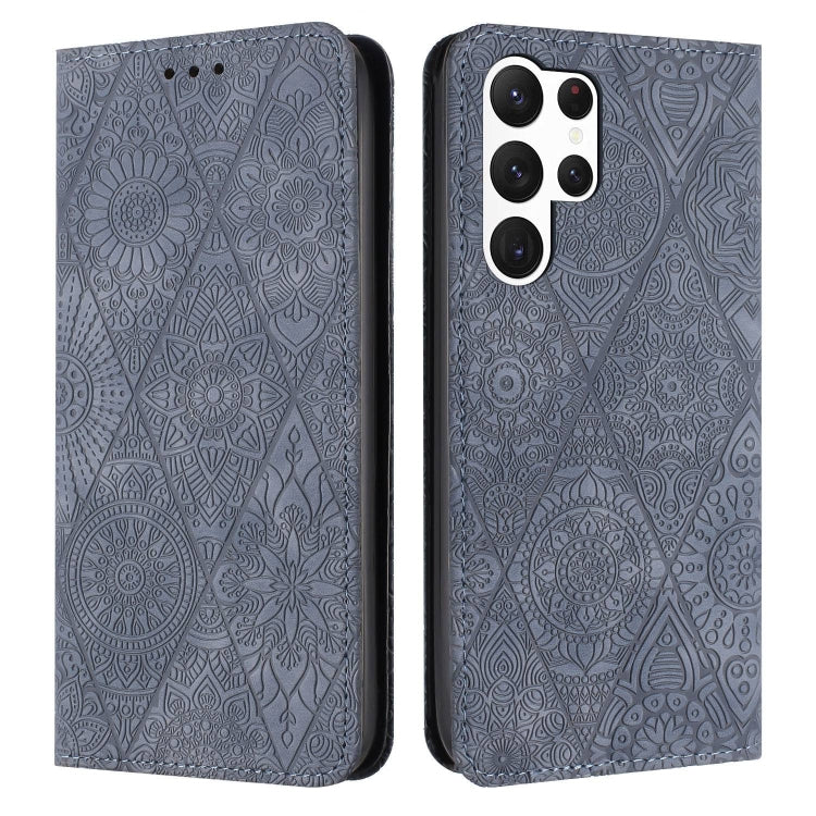 For Samsung Galaxy S23 Ultra 5G Ethnic Embossed Adsorption Leather Phone Case(Grey)