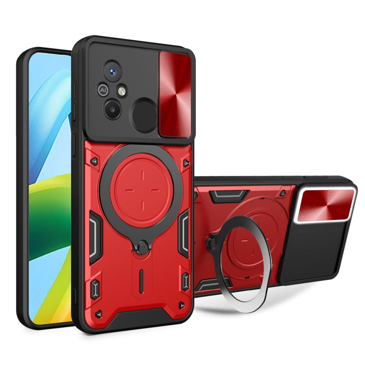 For Xiaomi Redmi 12C CD Texture Sliding Camshield Magnetic Holder Phone Case(Red)