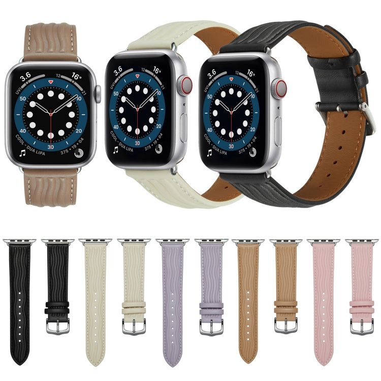 Embossed Line Genuine Leather Watch Band For Apple Watch Ultra 49mm(Khaki) - Watch Bands by PMC TechLife | Online Shopping South Africa | PMC TechLife