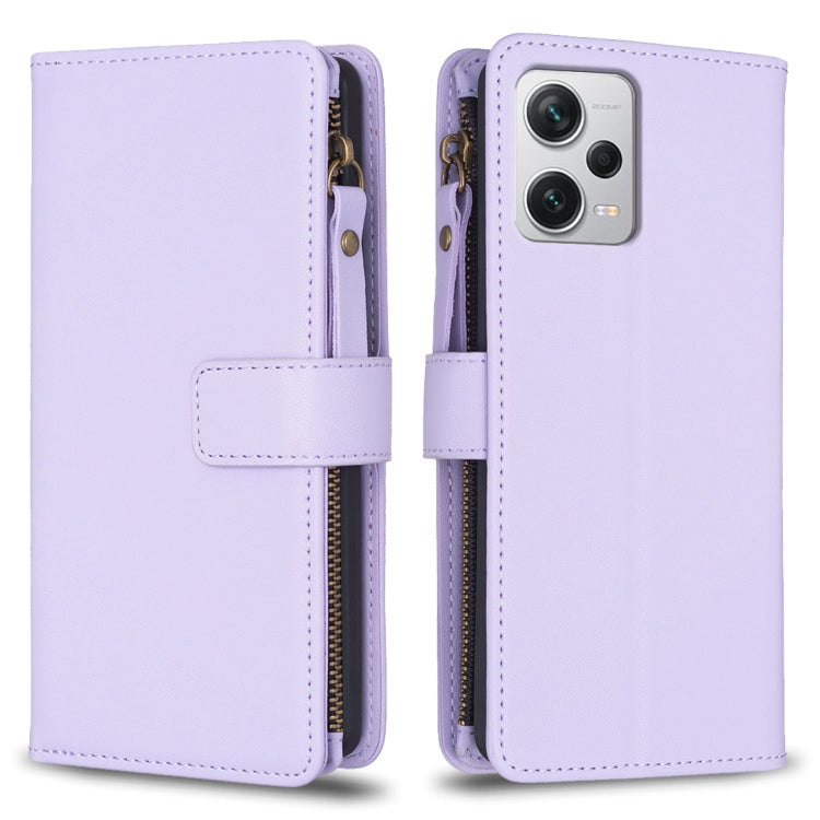 For Xiaomi Redmi Note 12 Pro+ 5G Global 9 Card Slots Zipper Wallet Leather Flip Phone Case(Light Purple)