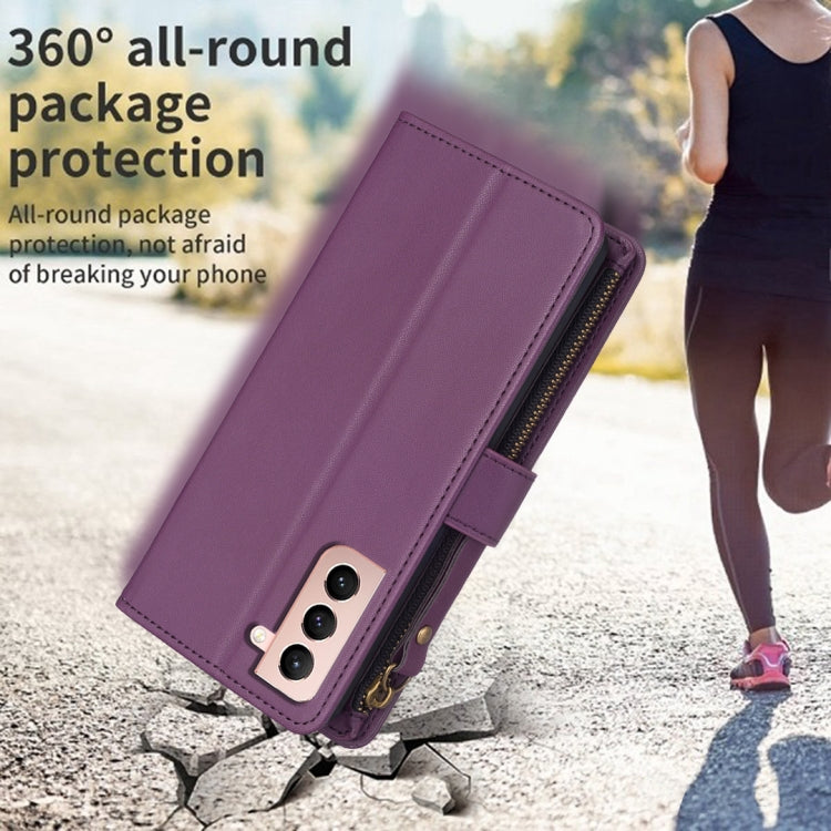 For Samsung Galaxy S21 5G 9 Card Slots Zipper Wallet Leather Flip Phone Case(Dark Purple)