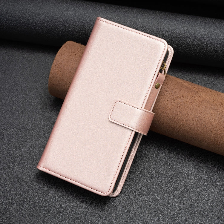 For Samsung Galaxy S23 FE 5G 9 Card Slots Zipper Wallet Leather Flip Phone Case(Rose Gold)