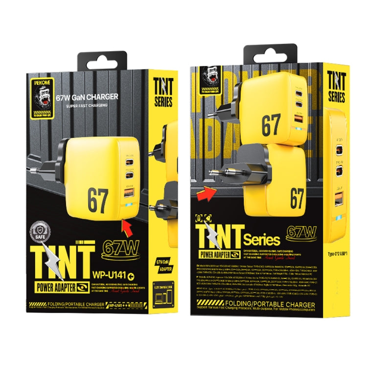 WK WP-U141 67W USB+Double USB-C / Type-C GaN Charger, Plug:EU Plug(Yellow) - free shipping - PMC TechLife - Order now!