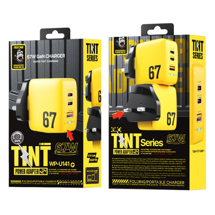 WK WP-U141 67W USB+Double USB-C / Type-C GaN Charger, Plug:UK Plug(Yellow) - free shipping - PMC TechLife - Order now!