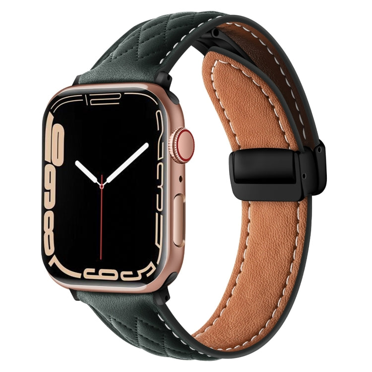 For Apple Watch 9 41mm Folding Buckle Rhombus Leather Watch Band(Green)