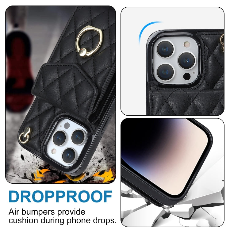 For iPhone 15 Plus Rhombic Texture Card Bag Phone Case with Long Lanyard(Black)