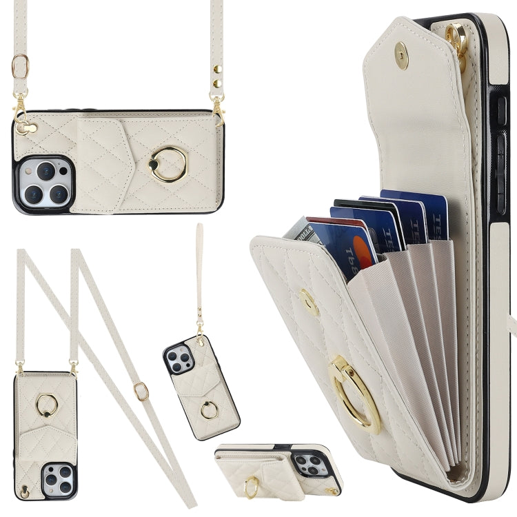 For iPhone 15 Plus Rhombic Texture Card Bag Phone Case with Long Lanyard(White)