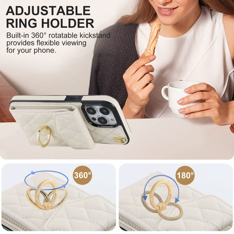 For iPhone 15 Plus Rhombic Texture Card Bag Phone Case with Long Lanyard(White)