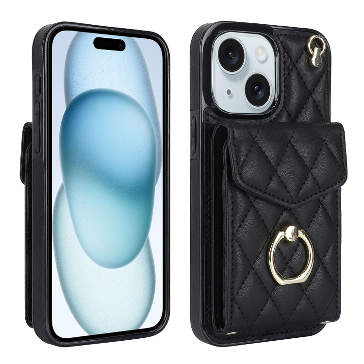 For iPhone 15 Rhombic Texture Card Bag Phone Case with Long Lanyard(Black)