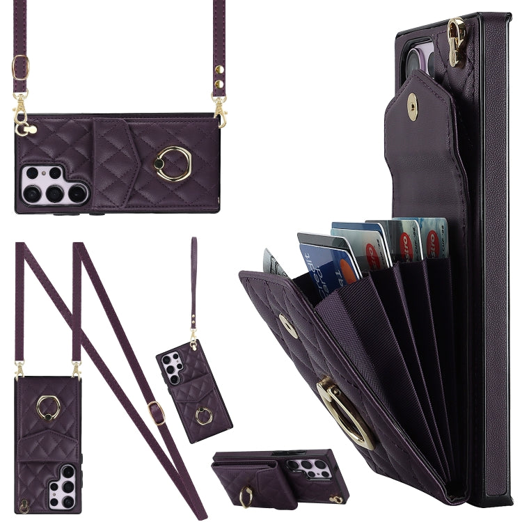 For Samsung Galaxy S23 Ultra 5G Rhombic Texture Card Bag Phone Case with Long Lanyard(Dark Purple)