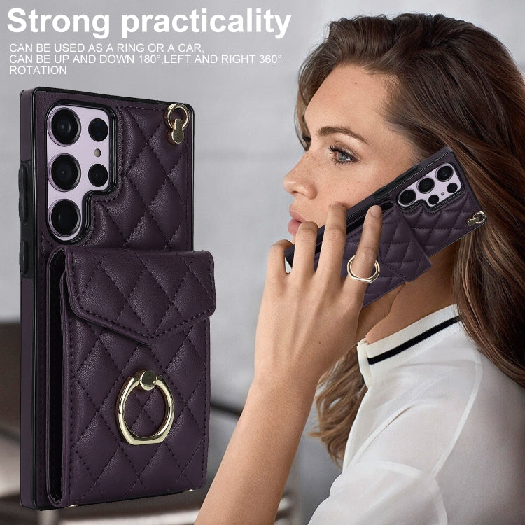 For Samsung Galaxy S23 Ultra 5G Rhombic Texture Card Bag Phone Case with Long Lanyard(Dark Purple)