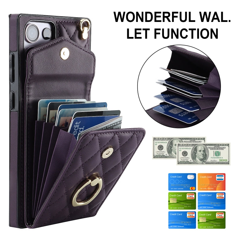 For Samsung Galaxy S23 Ultra 5G Rhombic Texture Card Bag Phone Case with Long Lanyard(Dark Purple)