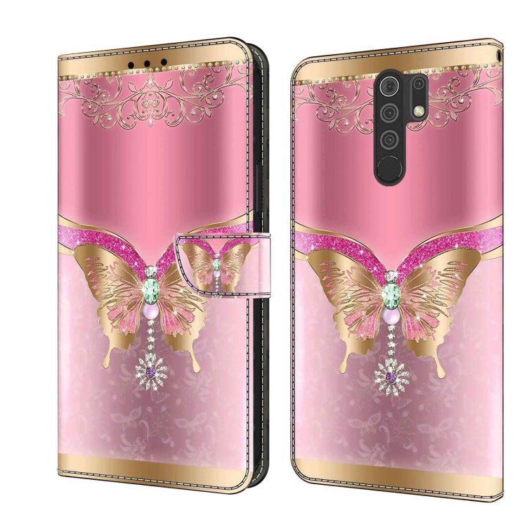 For Xiaomi Redmi 9 Crystal 3D Shockproof Protective Leather Phone Case(Pink Bottom Butterfly)