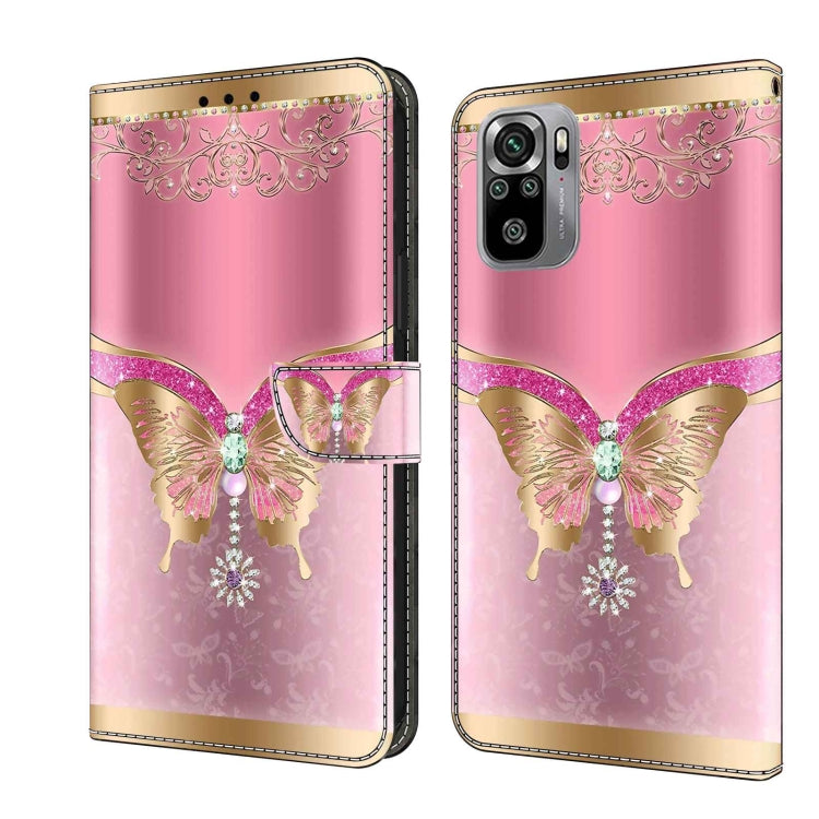 For Xiaomi Redmi Note 10 4G Crystal 3D Shockproof Protective Leather Phone Case(Pink Bottom Butterfly)