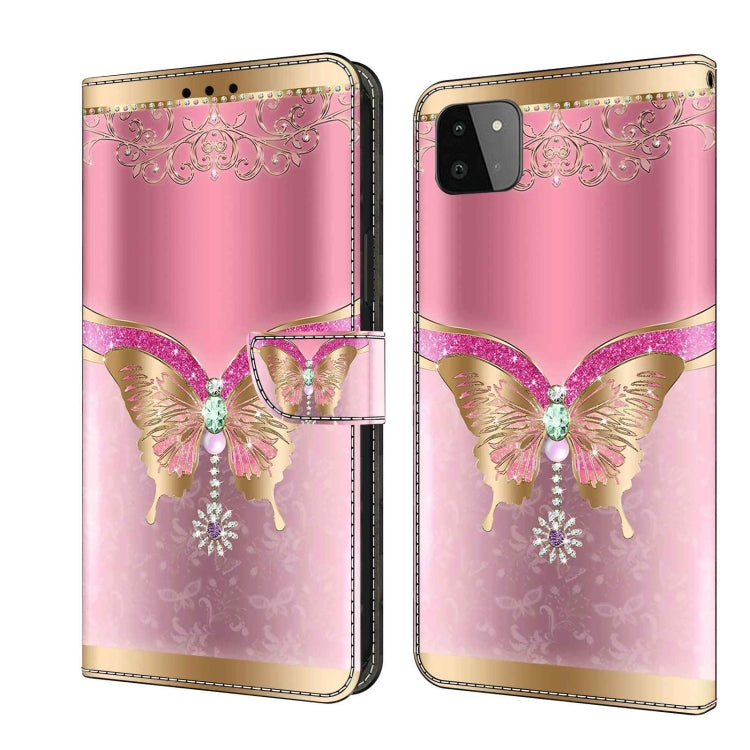 For Samsung Galaxy A22 5G Crystal 3D Shockproof Protective Leather Phone Case(Pink Bottom Butterfly)