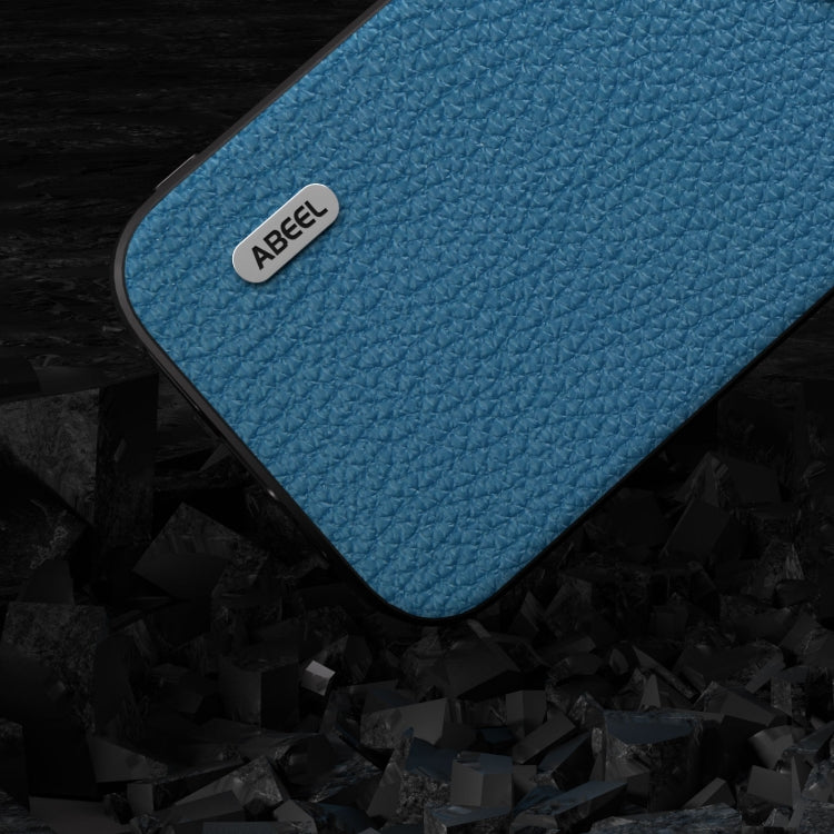 For iPhone 15 Plus ABEEL Genuine Leather Litchi Texture Phone Case(Blue)
