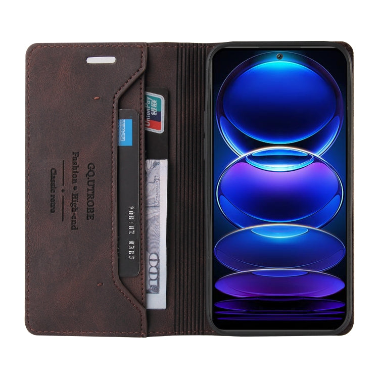 For Xiaomi Redmi Note 12 India/Poco X5 GQUTROBE Skin Feel Anti-theft Brush Horizontal Flip Leather Case with Holder(Brown)