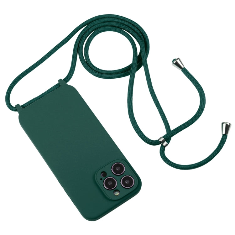 For iPhone 15 Pro Crossbody Lanyard Liquid Silicone Case(Pine Needle Green)