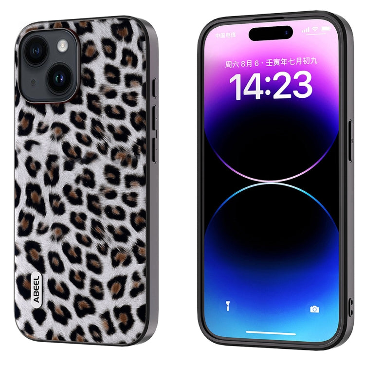 For iPhone 14 Plus ABEEL Black Edge Leopard Phone Case(Silver Leopard)