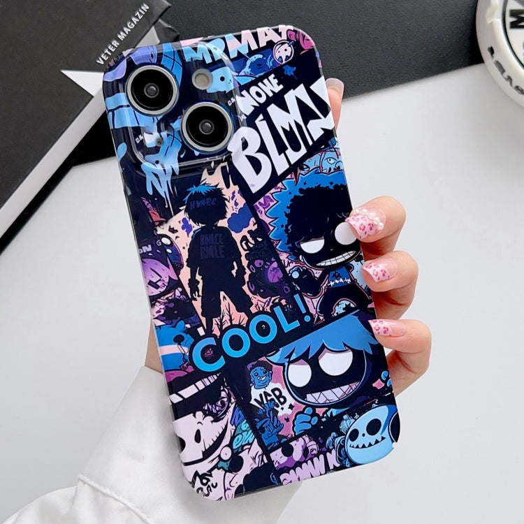 For iPhone 15 Painted Pattern Precise Hole PC Phone Case(Purple Comics)