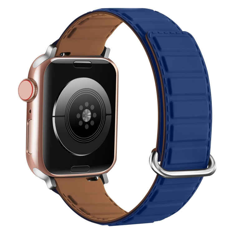For Apple Watch SE 2023 44mm Reverse Buckle Magnetic Silicone Watch Band(Silver Buckle Blue)