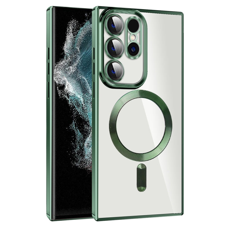 For Samsung Galaxy S22 Ultra 5G CD Texture Plating TPU MagSafe Phone Case with Lens Film(Dark Green)