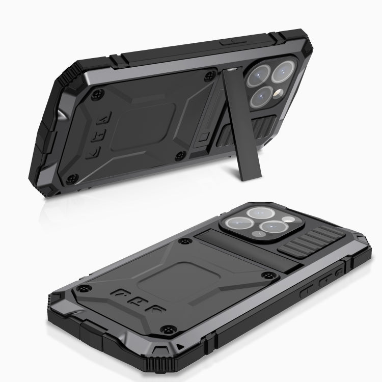 For iPhone 15 Pro Max R-JUST Shockproof Life Water-resistant Dust-proof Metal + Silicone Phone Case with Holder(Black)