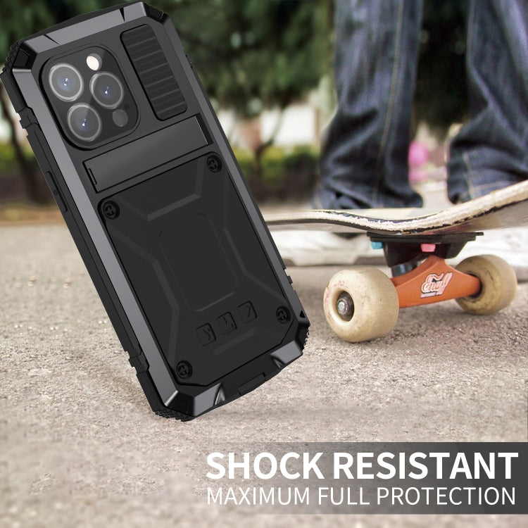 For iPhone 15 Pro Max R-JUST Shockproof Life Water-resistant Dust-proof Metal + Silicone Phone Case with Holder(Black)