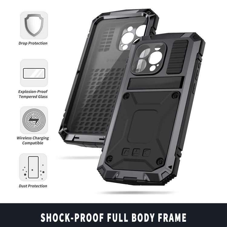 For iPhone 15 Pro Max R-JUST Shockproof Life Water-resistant Dust-proof Metal + Silicone Phone Case with Holder(Black)