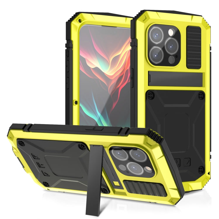 For iPhone 15 Pro Max R-JUST Shockproof Life Water-resistant Dust-proof Metal + Silicone Phone Case with Holder(Yellow)