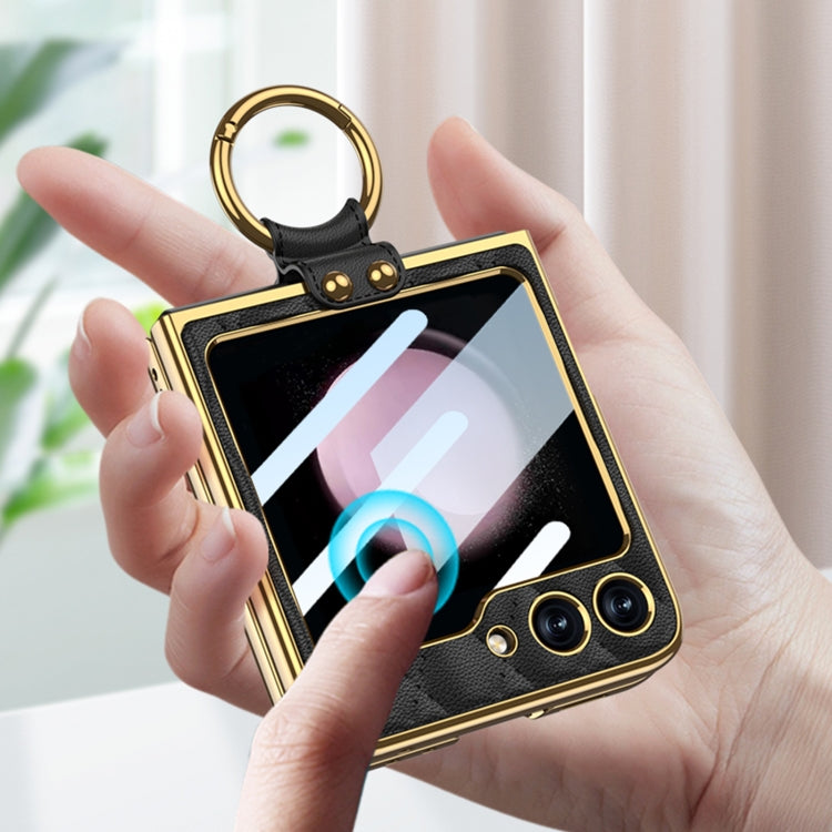 For Samsung Galaxy Z Flip5 GKK Integrated Plating Diamond Texture PU Phone Case with Ring(Green)