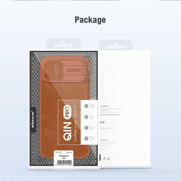 For iPhone 15 NILLKIN QIN Series Pro Sliding Camera Cover Design Leather Phone Case(Brown) - free shipping - PMC Jewellery - Order now!