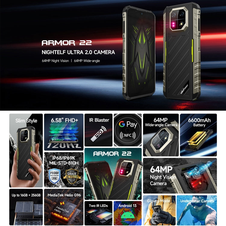 Ulefone Armor 22, 8GB+128GB, IP68/IP69K Rugged Phone, 6.58 inch Android 13 MediaTek Helio G96 Octa Core, Network: 4G, NFC, OTG(Some Green) - free shipping - PMC Jewellery - Order now!
