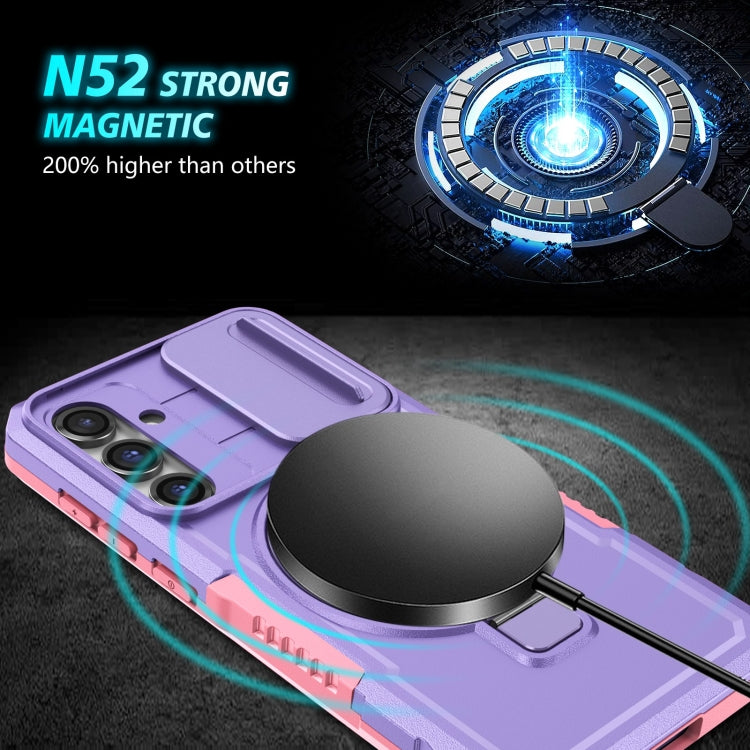 For Samsung Galaxy S23 FE 5G Sliding Camshield Magsafe Holder TPU Hybrid PC Phone Case(Pink Purple)