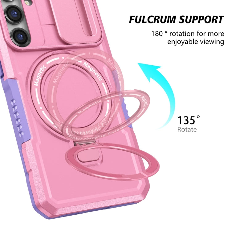 For Samsung Galaxy S23 FE 5G Sliding Camshield Magsafe Holder TPU Hybrid PC Phone Case(Purple Pink)