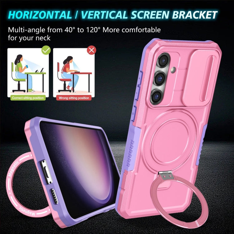 For Samsung Galaxy S23 FE 5G Sliding Camshield Magsafe Holder TPU Hybrid PC Phone Case(Purple Pink)