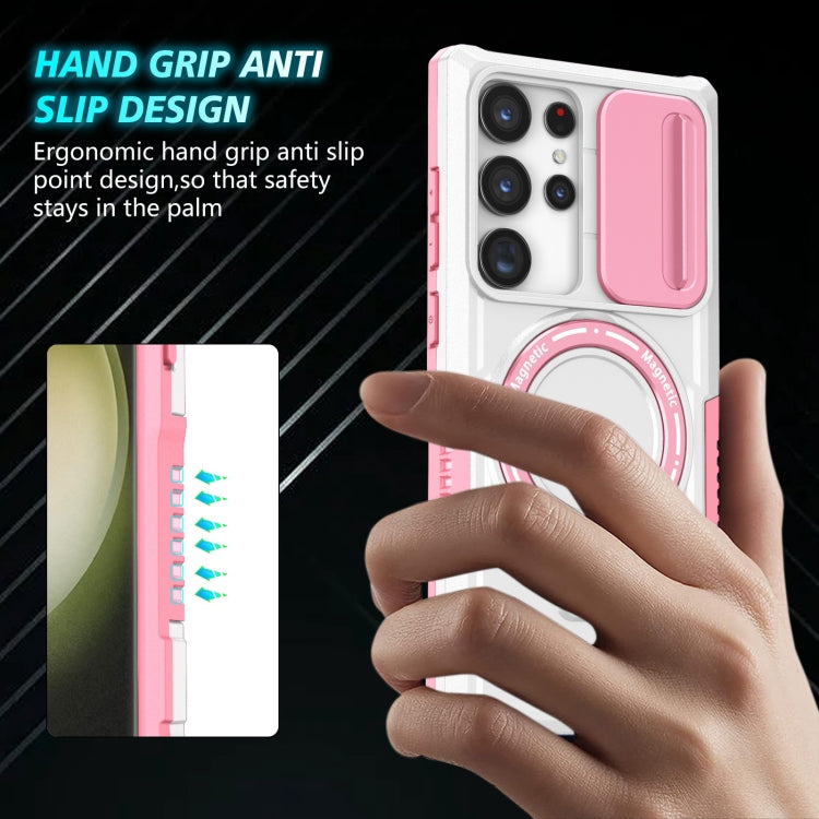 For Samsung Galaxy S23 Ultra 5G Sliding Camshield Magsafe Holder TPU Hybrid PC Phone Case(Pink White)