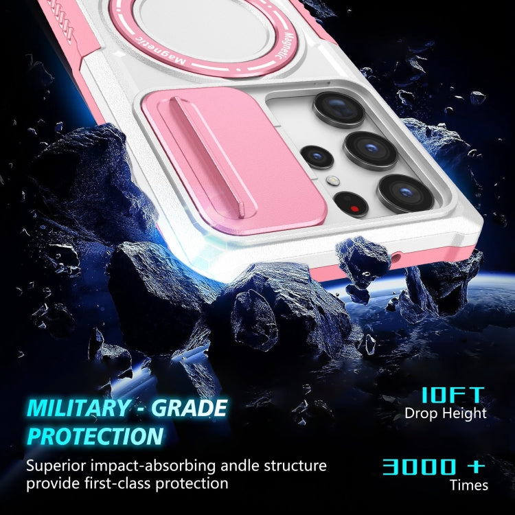 For Samsung Galaxy S23 Ultra 5G Sliding Camshield Magsafe Holder TPU Hybrid PC Phone Case(Pink White)