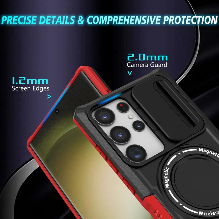For Samsung Galaxy S23 Ultra 5G Sliding Camshield Magsafe Holder TPU Hybrid PC Phone Case(Black Red)