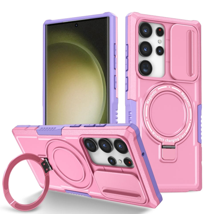 For Samsung Galaxy S23 Ultra 5G Sliding Camshield Magsafe Holder TPU Hybrid PC Phone Case(Purple Pink)