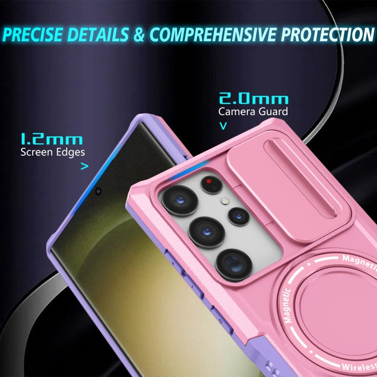 For Samsung Galaxy S23 Ultra 5G Sliding Camshield Magsafe Holder TPU Hybrid PC Phone Case(Purple Pink)