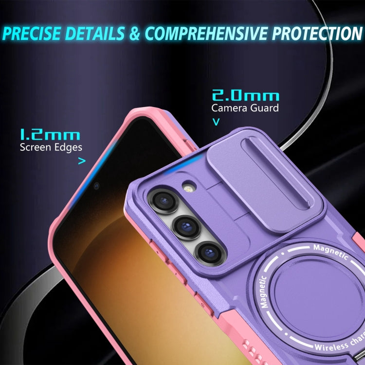 For Samsung Galaxy S23+ 5G Sliding Camshield Magsafe Holder TPU Hybrid PC Phone Case(Pink Purple)