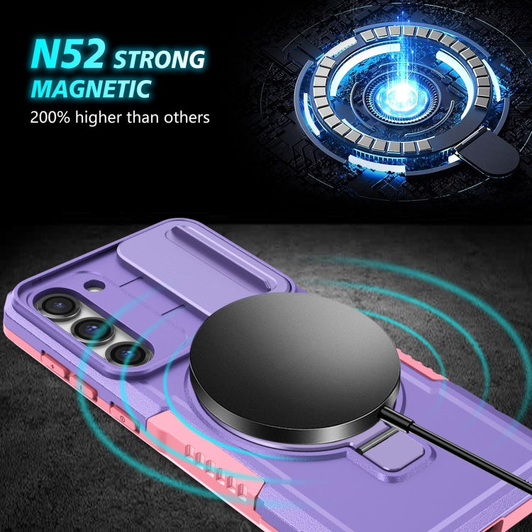 For Samsung Galaxy S23+ 5G Sliding Camshield Magsafe Holder TPU Hybrid PC Phone Case(Pink Purple)