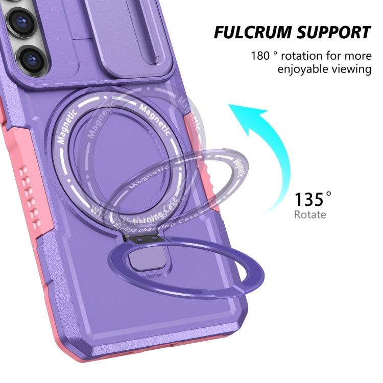 For Samsung Galaxy S23+ 5G Sliding Camshield Magsafe Holder TPU Hybrid PC Phone Case(Pink Purple)